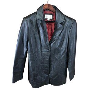Worthington Womens Moto Blazer Leather Jacket Large Black Three-Button Collared